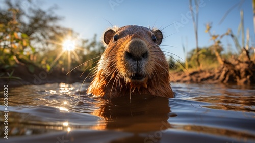Capybara, rodent swimming in the water near the reeds with its brown fur under a sunset joining its family and its peers © Charlotte