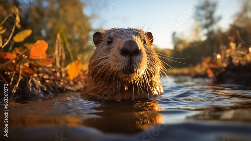 Capybara, rodent swimming in the water near the reeds with its brown fur under a sunset joining its family and its peers