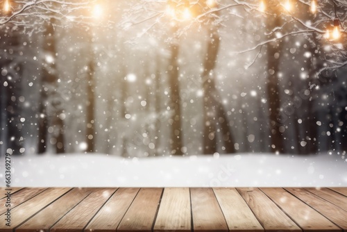 Winter festive Christmas background and surface of wooden with snow light of bokeh,wallpaper background