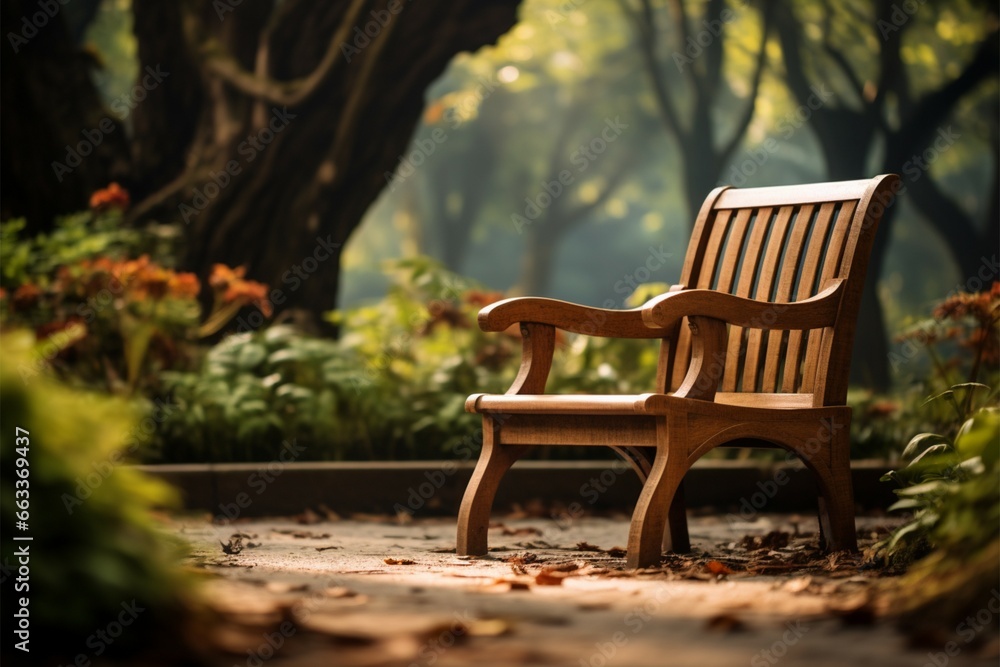 In the gardens hush, a wooden chair beckons with a blurred allure