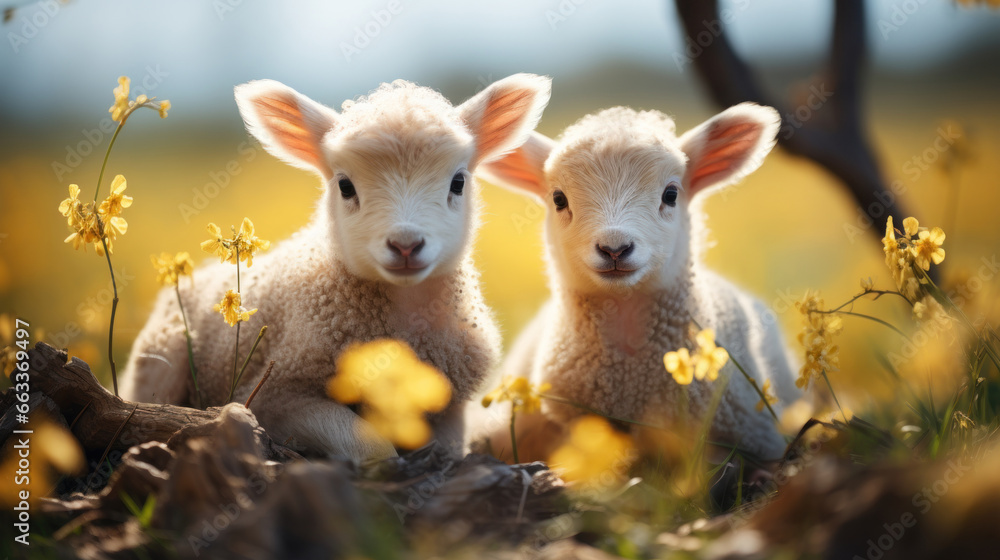 Two cute little lambs sitting in a meadow with yellow flowers. Two cute little lambs sitting in a meadow with yellow flowers.