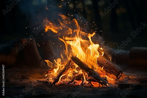 In the night  a campfire blazes  casting sparks in darkness