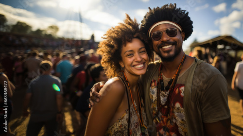 African american couple smile at music festival. Young people at crowd live event.