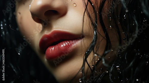 Closeup portrait of a beautiful young woman with wet hair and glossy red lips.