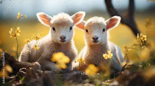 Two cute little lambs sitting in a meadow with yellow flowers.