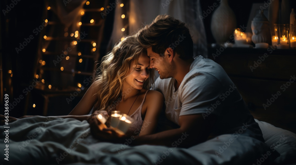 Beautiful young couple is looking at each other and smiling while lying in bed at home. - obrazy, fototapety, plakaty 