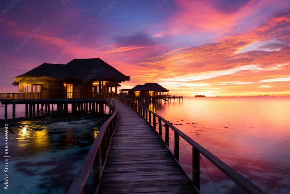 Idyllic Maldives sunset, overwater villas, sandy beach a travel daydream Idyllic Maldives sunset, overwater villas, sandy beach a travel daydream