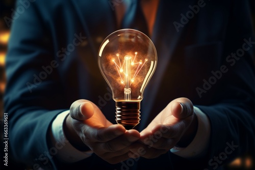 Inspiration embodied a businessmans hand holds an illuminated light bulb
