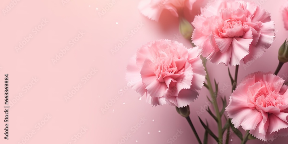 Light Pink Carnations Flowers on pink background. generative AI