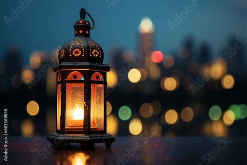 Illuminating the holy month Lantern with city lights for Ramadan Kareem