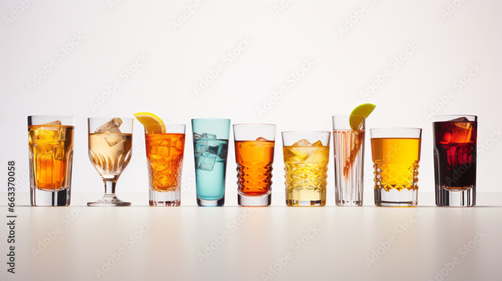 Set of various contemporary classic alcohol cocktails in different glasses placed on table - obrazy, fototapety, plakaty 