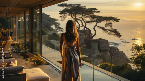 Rear view of young woman standing on the terrace of luxury hotel with sea view. Seascape panorama with rays of sun light in holiday.