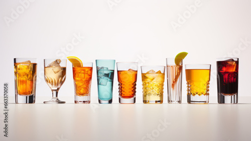 Set of various contemporary classic alcohol cocktails in different glasses placed on table