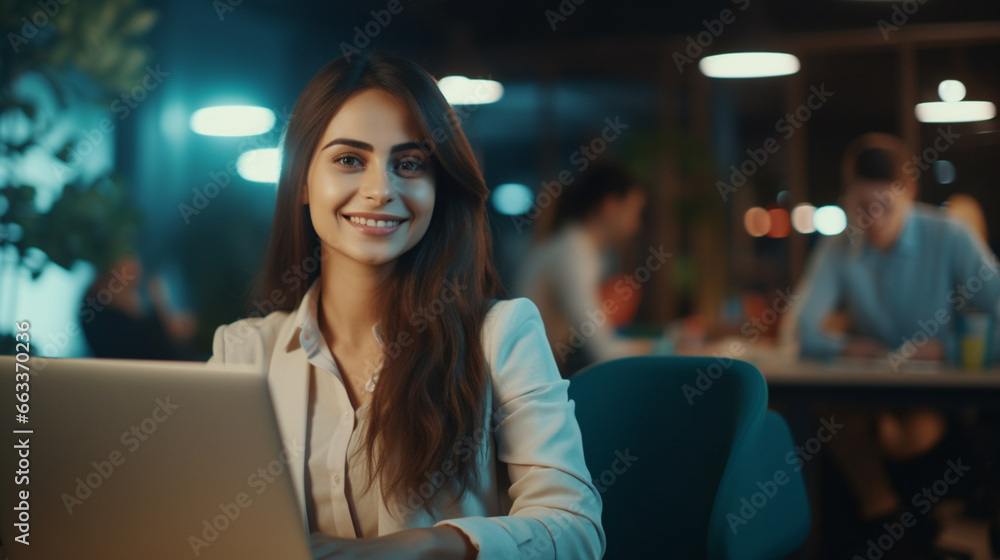 Fototapeta premium Beautiful young woman in casual clothing using laptop and smiling while working indoors. Generative AI