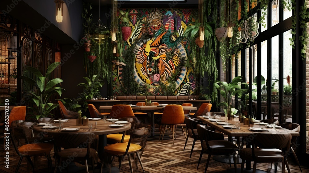 Exotic ethnic boho style restaurant interior with tribal decoration