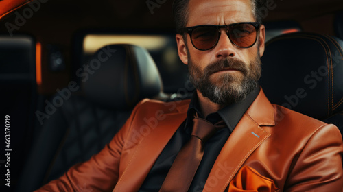 Handsome bearded hipster man in orange jacket and sunglasses sitting in car.