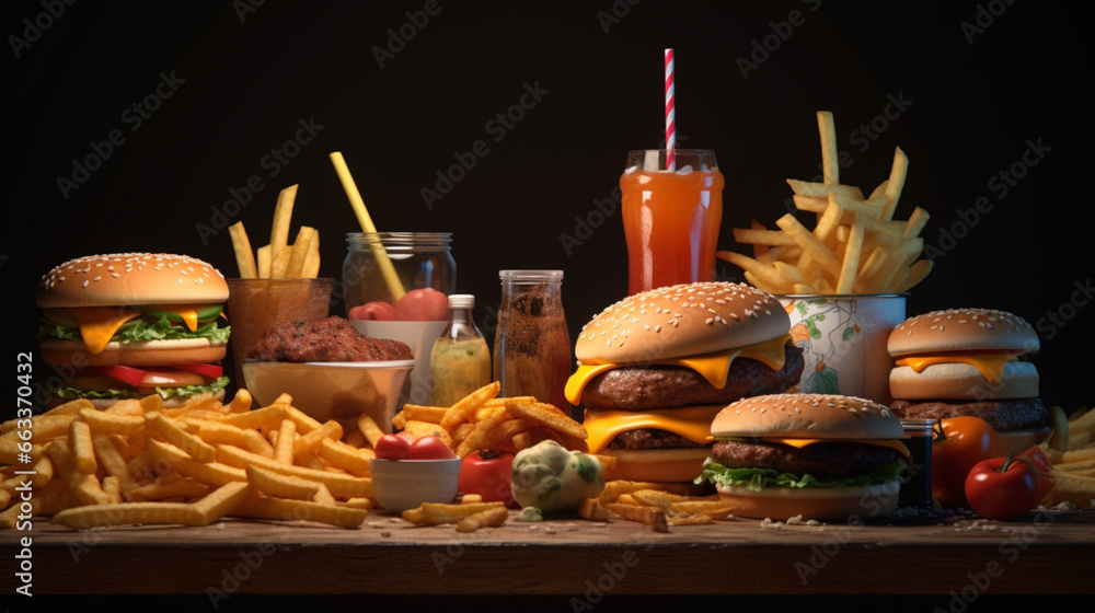 Un hamburger avec viande, fromage et légumes. Gros plan du burger avec frites et boissons sur fond noir. Alimentation, fast food, nourriture. Pour conception et création graphique.