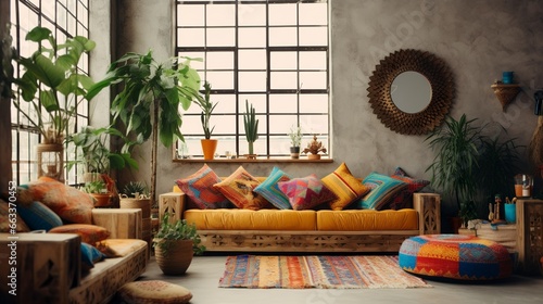 Ethnic boho style modern home living room interior with chairs and decorations and sofa