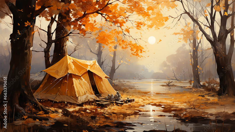 tourist tent in the autumn forest hiking adventure vacation in the autumn camp. - obrazy, fototapety, plakaty 