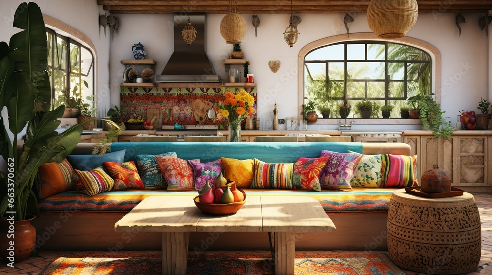 Ethnic boho style living room with colorful furnitures and tribal decoration