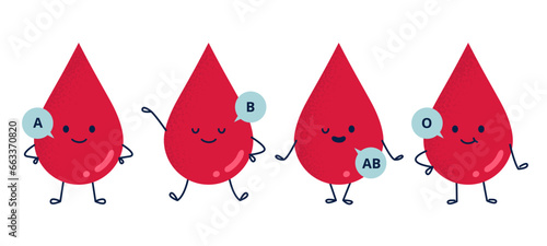 Cute blood drops. Different blood types. Blood test and donation. Health care concept. Vector flat illustrations.