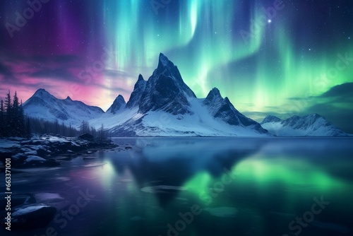 Stunning aurora dancing above jagged peaks. Beautiful background of northern lights. Generative AI