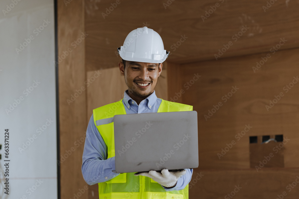 Asian construction worker using laptop at the construction site, industrial building design project concept. Asian construction worker using laptop at the construction site, industrial building design project concept.