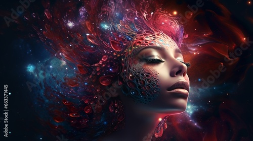 The art of philosophy poster with female face made of stars and cosmic stardust