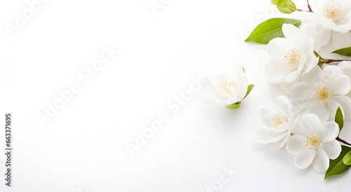 Flores brancas, folhas verdes, fundo branco.