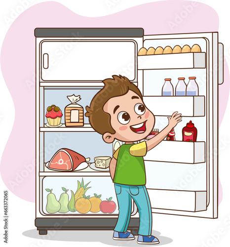 vector illustration of children taking drink from refrigerator
