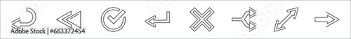 outline set of arrows line icons. linear vector icons such as left curve arrow, backward, confirm, curved down left arrow, multiply, split arrows, diagonal, right arrow