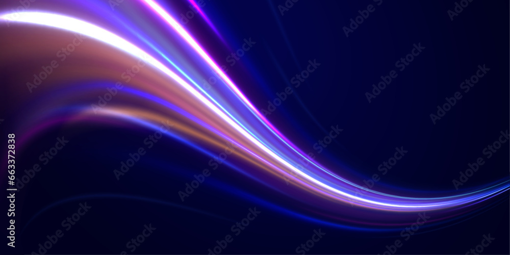 Fototapeta premium Speed effect motion 3d neon light trails made with ultra violet and blue laser light. Semicircular wave, light trail curve swirl, incandescent optical fiber png vector.