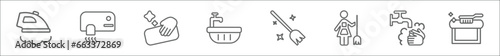 outline set of cleaning line icons. linear vector icons such as ironing, hand dryer, clean, water soak, broom, charwoman, hand washing, carpet cleaning