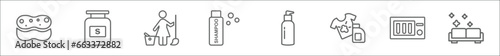 outline set of cleaning line icons. linear vector icons such as sponges, solvent, cleaner, shampoo, emulsion, stain remover, sterilization, clean-living