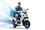 Delivery man driving white moped motorbike scooter with blue box. Employee working courier. Smiling man. Generative ai art.
