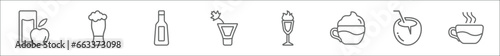 outline set of drinks line icons. linear vector icons such as fruit juice, beer, liquor, bloody mary, absinthe, frappe, coconut drink, espresso