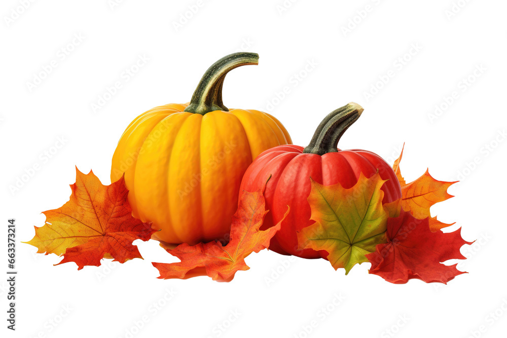 Autumn pumpkins with red leaves over a white background, Autumn border of pumpkins, and red fall leaves isolated on a white background, PNG