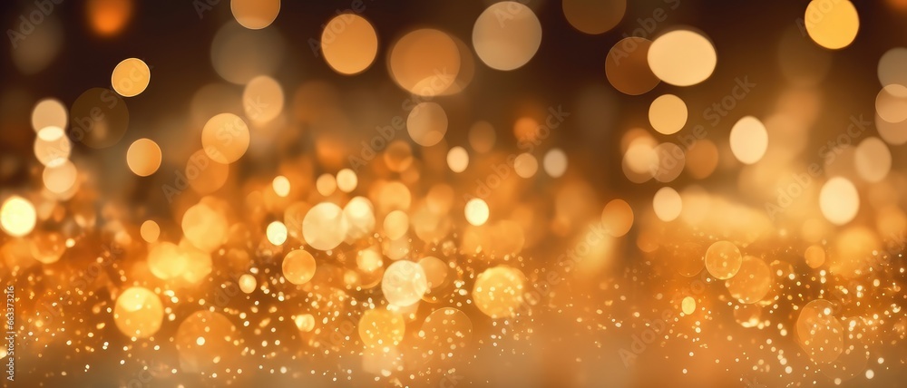 Abstract particle gold glitter wave and light bokeh background.