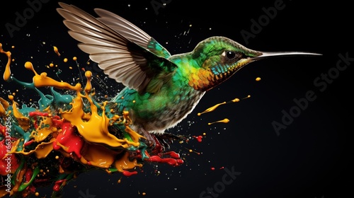 a hummingbird is flying over a colorful substance of paint.  generative ai © Nadia