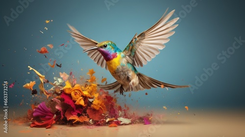  a colorful bird is flying over a bunch of paint and flowers on a table with a blue sky in the background and a blue background. generative ai