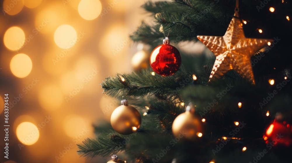 Decorated christmas tree on blurred background, Chrismas background.