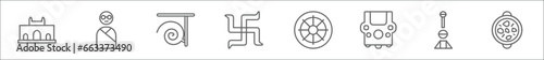 outline set of india line icons. linear vector icons such as gate of india, , bengali language, swastica, dharma, rickshaw, shehnai, tikka masala