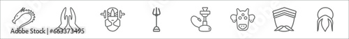 outline set of india line icons. linear vector icons such as kali, namaste, vishnu, trisul, hookah, indian cow, hindu, guru