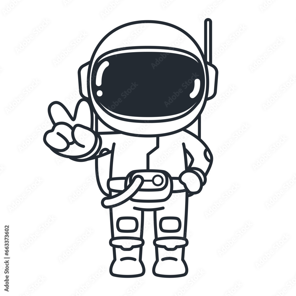Cute Astronaut stands and victory hand on an isolated white background. Vector illustration cartoon line drawing design.