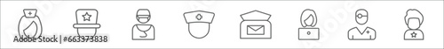 outline set of professions line icons. linear vector icons such as physician assistant, showman, surgeon, nurse, postman, secretary, doctor, superhero