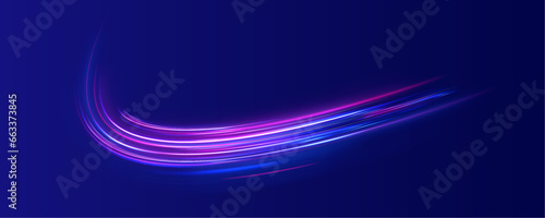 Neon blurred circles in motion. PNG vector light pink and purple lines swirling in a spiral. Orange and yellow luminosity. Abstract neon motion glowing wavy lines. 
