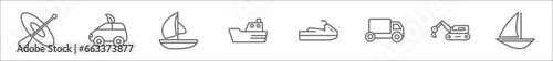 outline set of transportation line icons. linear vector icons such as kayak, eco-friendly transport, catamaran, ferry boat, , lorry, excavators, schooner