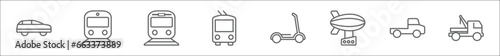 outline set of transportation line icons. linear vector icons such as suv, subway, light rail, trolleybus, scooter, dirigible, pickup truck, wrecker