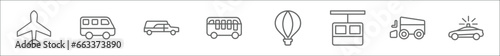 outline set of transportation line icons. linear vector icons such as aeroplane, van, hearse, double decker bus, hot air balloon, chairlift, , patrol car