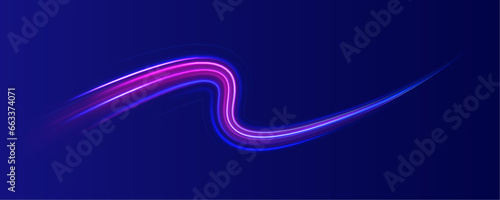 Speed effect motion 3d neon light trails made with ultra violet and blue laser light. Semicircular wave, light trail curve swirl, incandescent optical fiber png vector.